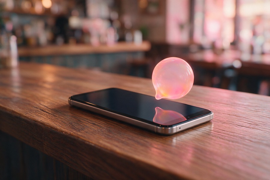 Smartfón s prichádzajúcou SMS správou na pulte kaviarne Smartfón s prichádzajúcou SMS správou na pulte kaviarne