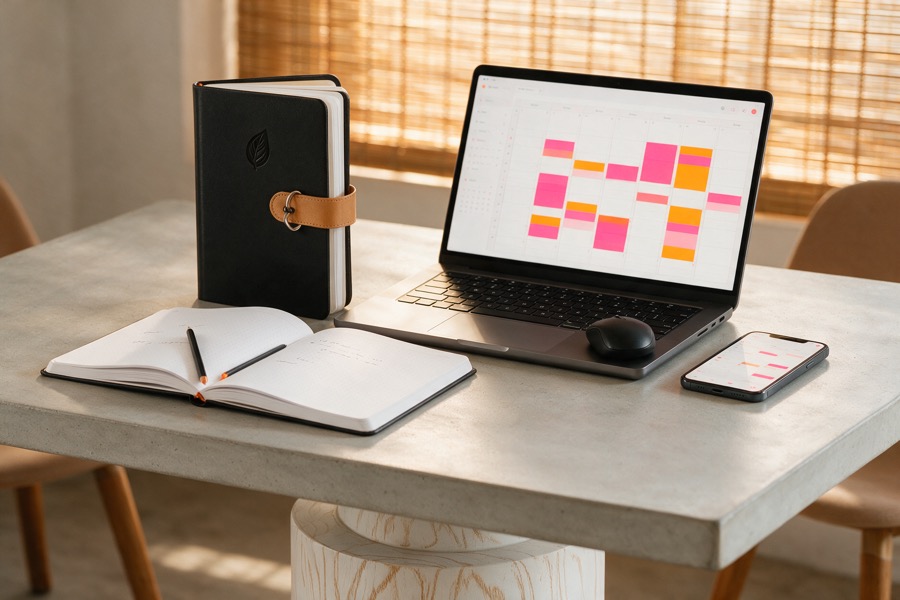 Papierový diár, notebook a smartfón na jednom stole Papierový diár, notebook a smartfón na jednom stole