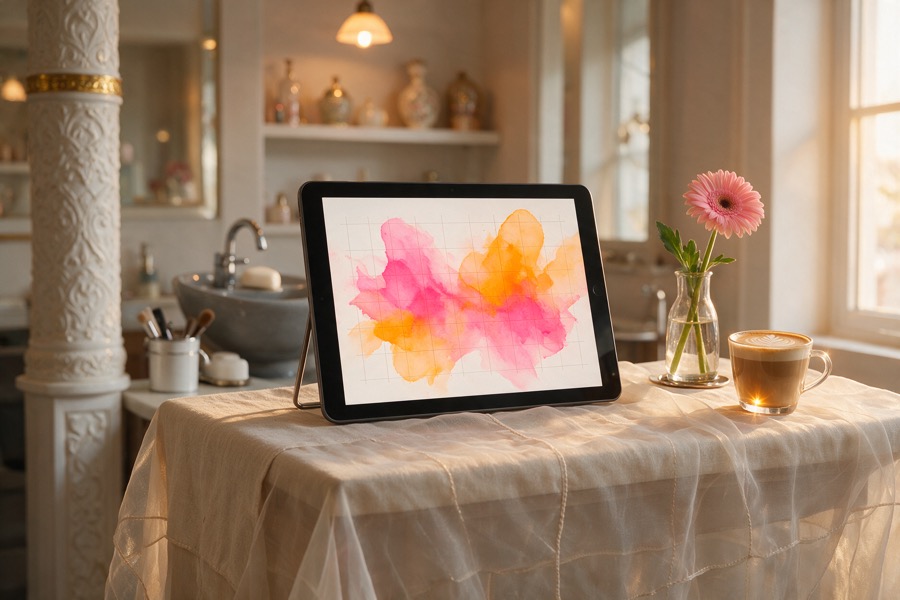 Tablet s rezervačným kalendárom na pulte malého salónu Tablet s rezervačným kalendárom na pulte malého salónu