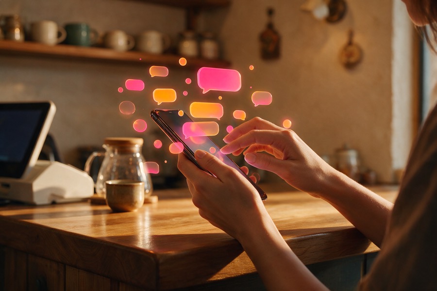 Majiteľka prevádzky posiela SMS zákazníkom zo smartfónu Majiteľka prevádzky posiela SMS zákazníkom zo smartfónu